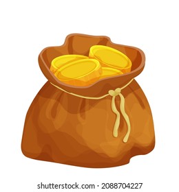 Old bag with golden coins in cartoon style isolated on white background. Money bag, treasure obgect. Ui icon, asset.