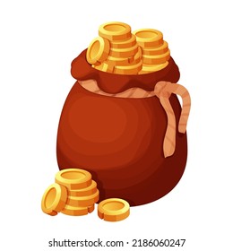 Old bag with golden coins in cartoon style isolated on white background. Money bag, treasure obgect. Ui icon, asset.