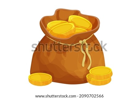 Old bag with golden coins in cartoon style isolated on white background. Money bag, treasure obgect. Ui icon, asset.