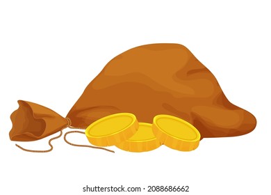 Old bag, sack with golden coins in cartoon style isolated on white background. Money bag, treasure obgect. Ui icon, asset.