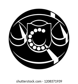 Old bakelite phone icon stylized and inscribed in a circle, monochrome black vector illustration isolated on white background