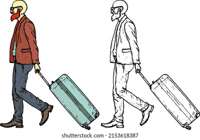 Old bald man travel with a trolley luggage bag, isolated against white. Hand drawn vector illustration.