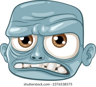 An old, bald-headed zombie man with blue skin in a grumpy mood depicted in a vector cartoon style