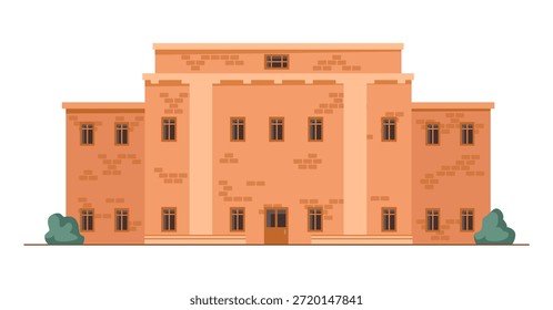 Antiguo edificio bancario hecho de ladrillos, construcción de mampostería aislada con Pequeñas ventanas y puerta de madera. Fachada de Vector de una institución estatal o un establecimiento público con arbustos decorativos