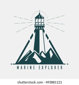 Old banner with lighthouse in mountains and marine explorer text below. Vintage logo of signal optical beacon for maritime pilot or sailor. Ideal for seaside building and nautical badge theme