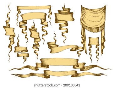 Old banners, ribbons and manuscripts set, vector illustration