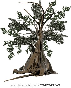 Old Banyan Tree Illustration, An ancient tree vector art illustration