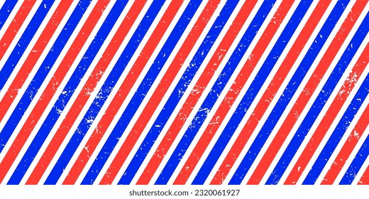 Old barbershop seamless pattern in blue, red and white colors with grunge texture. Diagonal striped vector background. Barber shop backdrop for man haircut and shave salon