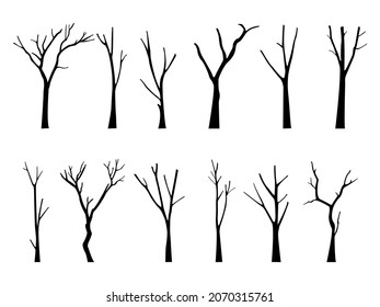 Old bare dead tree silhouette set without scary leaves. Hand drawn. Isolated on white background. vector illustration