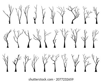 Old bare dead tree silhouette set without scary leaves. Hand drawn. Isolated on white background. vector illustration