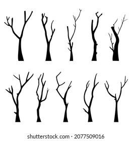 Old bare dead tree silhouette set without scary leaves. Hand drawn. Isolated on white background. vector illustration