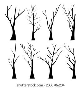 Old bare dead tree silhouette set without scary leaves. Hand drawn. Isolated on white background. vector illustration