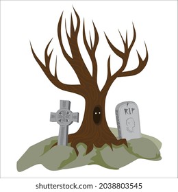 Un viejo árbol en un cementerio rodeado de tumbas. Ilustración vectorial clipart en el estilo de dibujos animados aislados en fondo blanco.