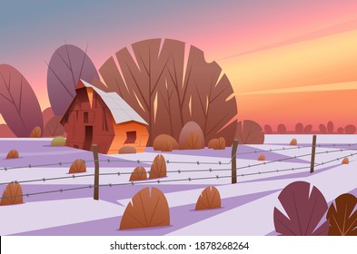 Old Barn Or Farmhouse At Sunset In Winter Or Late Fall.