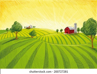 Sketch of a Rural Landscape. the Road Leading To the Farm, Houses, Mill  through a Wheat Field Stock Illustration - Illustration of grain, ecology:  186356713