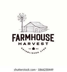 Old barn with windmill vintage logo design template