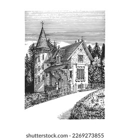 Old baronial house, rural landscape, hand drawn illustration in engraving style, architectural drawing in vector