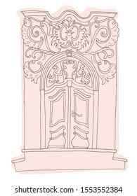 Old baroque door with stucco molding. Hand-drawn vector illustration.