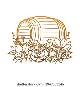 Old Barrel Rose Flower with Vintage Drink Design. Wooden Floral frame ornament vector style. Decoration Design Wreath illustration.