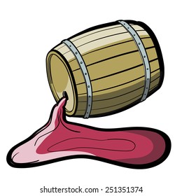 Old Barrel and a wine pool. A children's sketch. Color image.