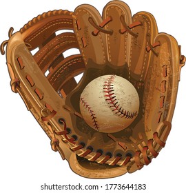 Old baseball bat with ball and weathered glove