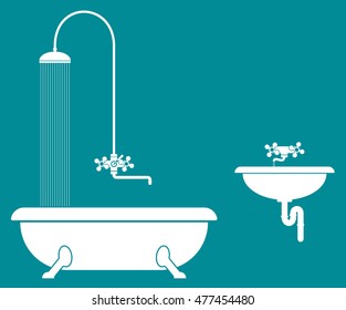 old bathroom with shower and sink. White color.