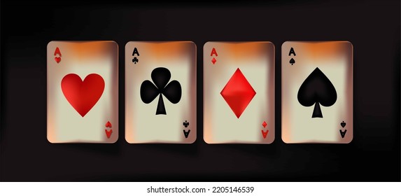 Old battered playing cards. The Four Trumps are Diamonds, Hearts, Clubs and Spades. Maps on a black background. Three-dimensional, 3D maps. Dirty cards. Retro maps. Beautiful, deluxe illustration