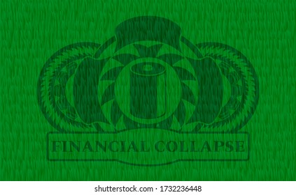 old battery icon and Financial Collapse text green sod grass badge. Eco exquisite background. Illustration. 