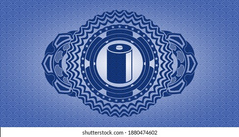 old battery icon inside blue japanese pattern realistic badge. Geometric classic background. Artistic illustration. 
