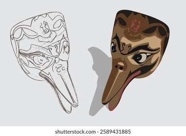 Old beak-shaped face masks, full color and dark line sketch