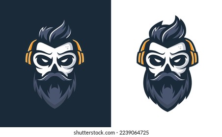 Hombre de barba antiguo apoya el logotipo de juegos con el diseño de ilustración vectorial de auriculares