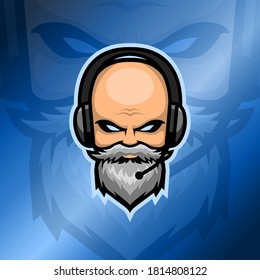 Old beard man esport logo with headset in glossy deep ocean blue gradient background. White beard bald man logo. Suitable for gaming squad or clan logo