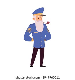 Old bearded captain in uniform smokes a pipe, flat vector illustration isolated.