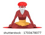 Old bearded grey-haired yogi sitting in lotus pose meditating doing breathing yoga exercise technique. Spiritual balance guru. Indian man isolated on white background. Relaxation, meditation, zen