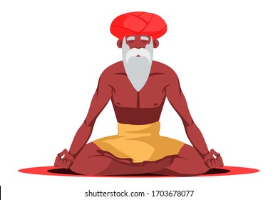 Old bearded grey-haired yogi sitting in lotus pose meditating doing breathing yoga exercise technique. Spiritual balance guru. Indian man isolated on white background. Relaxation, meditation, zen