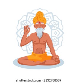 Old bearded grey-haired yogi sitting in lotus pose meditating doing breathing yoga exercise technique. Spiritual balance guru. Indian man isolated on white background. Relaxation, meditation, zen. Vec