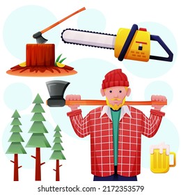 Old Bearded Lumberjack In Plaid Shirt Standing with Wood Chopper on His Shoulder At Work with equipment working in the logging industry in cartoon character, vector illustration