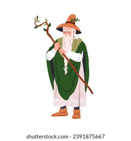 Old bearded magician. Forest wizard, mage with tree branch, staff. Mystic magic nature character. Fairy warlock, ancient mysterious sorcerer. Flat vector illustration isolated on white background