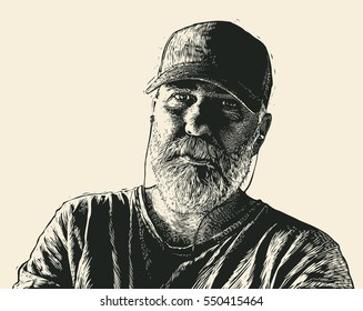 Old Bearded Man With Headphones Listening To Music. Retro Engraving Linocut Style.Vector Illustration