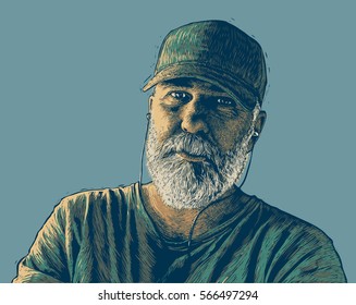 Old Bearded Man With Headphones Listening To Music. Retro Engraving Linocut Style.Vector Illustration