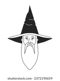 Old bearded man monochrome flat linear character head. Wizard hat. Editable outline hand drawn human face icon. 2D cartoon spot vector avatar illustration for animation