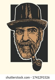 An old bearded man in a top hat and a smoking pipe in his teeth. Retro Engraving Style. Vector Illustration