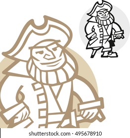 Old bearded one leg pirate in tricorn standing vector illustration close up