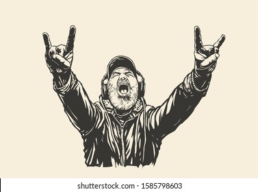 Old bearded  Rocker Shows Sign Of The Horns Symbol.  An elderly man in headphones listens to rock and shows a characteristic heavy metal hand gesture. Vector Illustration.
