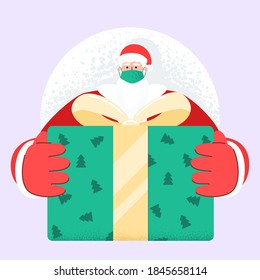 Old bearded Santa Claus with face mask deliver present and gift boxes on xmas eve. Fast speed express delivery. Safe celebratory delivery during quarantine Covid 19 coronavirus. Trendy vector style. 