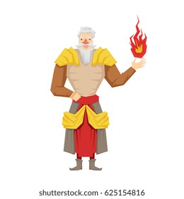 Old bearded wizard holding red magic ball. Colorful fairy tale character Illustration