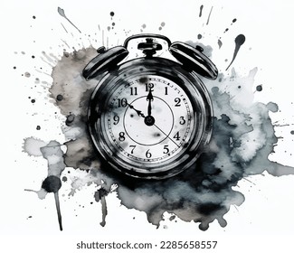 Old and beautiful historic clock in watercolor painting. Black and White
