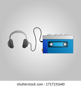 Old beautiful retro hipster music audio cassette player from the 70s, 80s, 90s on a blue background.