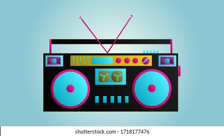 Old beautiful retro hipster music audio tape recorder and cassette from the 70s, 80s, 90s on a blue background.