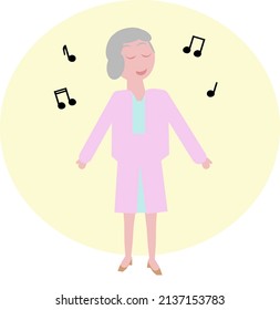 Old beautiful woman singing vector illustration on yellow and white background.